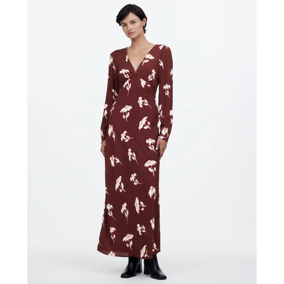 Madewell V-Neck Cuff-Sleeve Maxi Dress in Floral Bordeaux Size 2 NWT - Picture 1 of 11